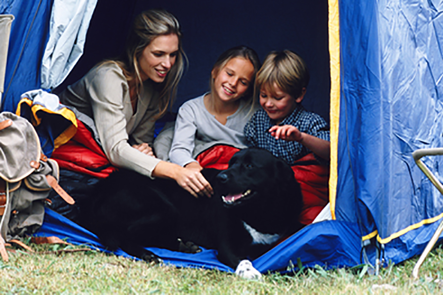 Mother with two small children inside a tent with an older black lab